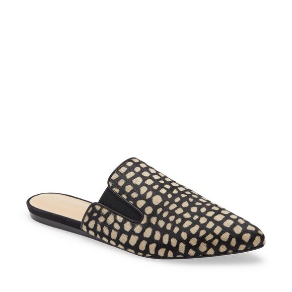 Jenni Kayne Shoes - Jenni Kayne Genuine Calf Hair Leather Point Toe Mule Sandals Black Honey Giraffe